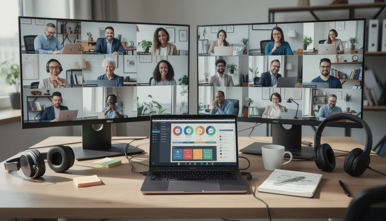The image depicts a remote team collaborating via video call, with multiple screens showing participants engaged in discussion and project management. This setup highlights the growing trend of remote work and the use of freelance platforms to connect skilled professionals for various freelance jobs and projects.