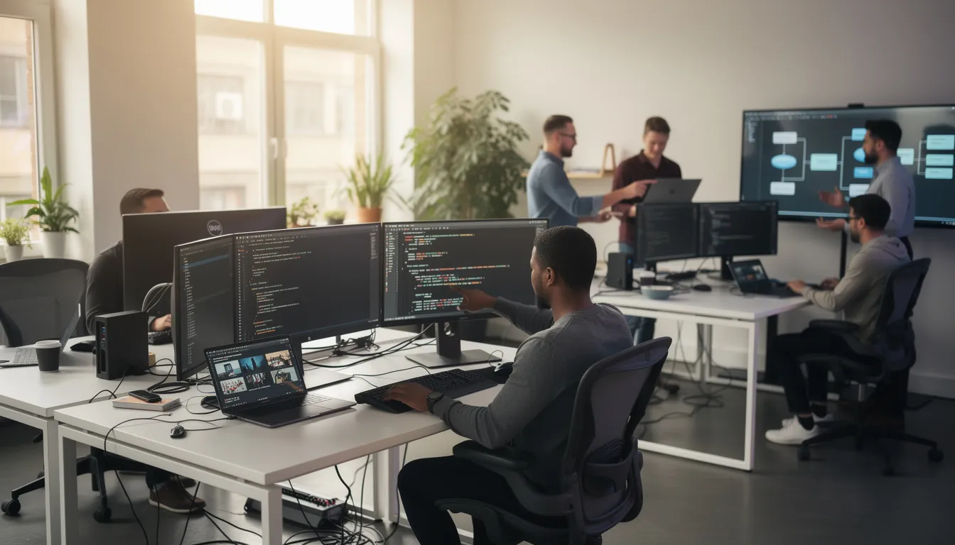 The image depicts a diverse group of software developers collaborating at modern workstations, engaged in discussions and coding on their computers. This scene illustrates the dynamic environment of remote work, where skilled professionals can connect and collaborate on freelance projects, utilizing platforms similar to Upwork for job listings and hiring processes.