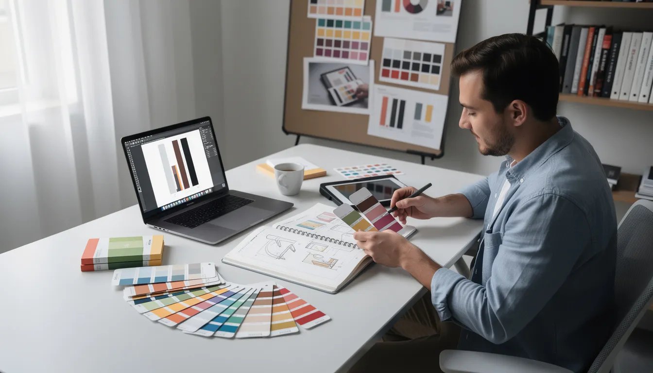 A creative professional is seated at a desk, focused on a design project while surrounded by various color swatches. This scene reflects the work of talented graphic designers who often seek freelance jobs and projects through platforms like Upwork and its alternatives.
