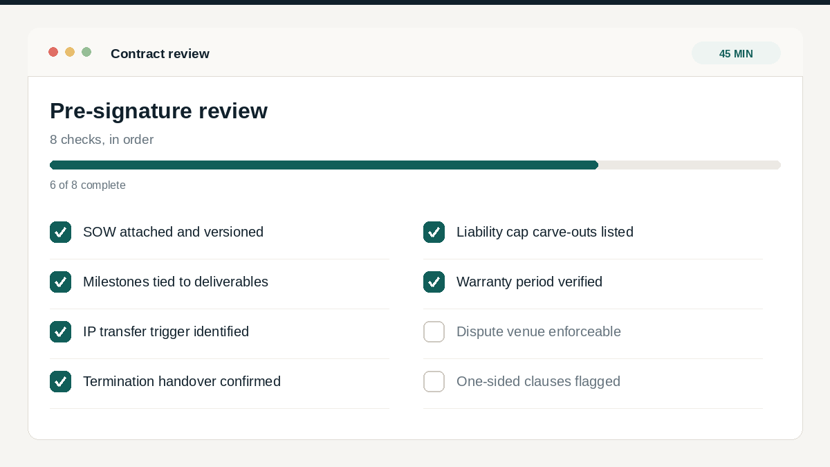 "software development contract checklist review workflow"