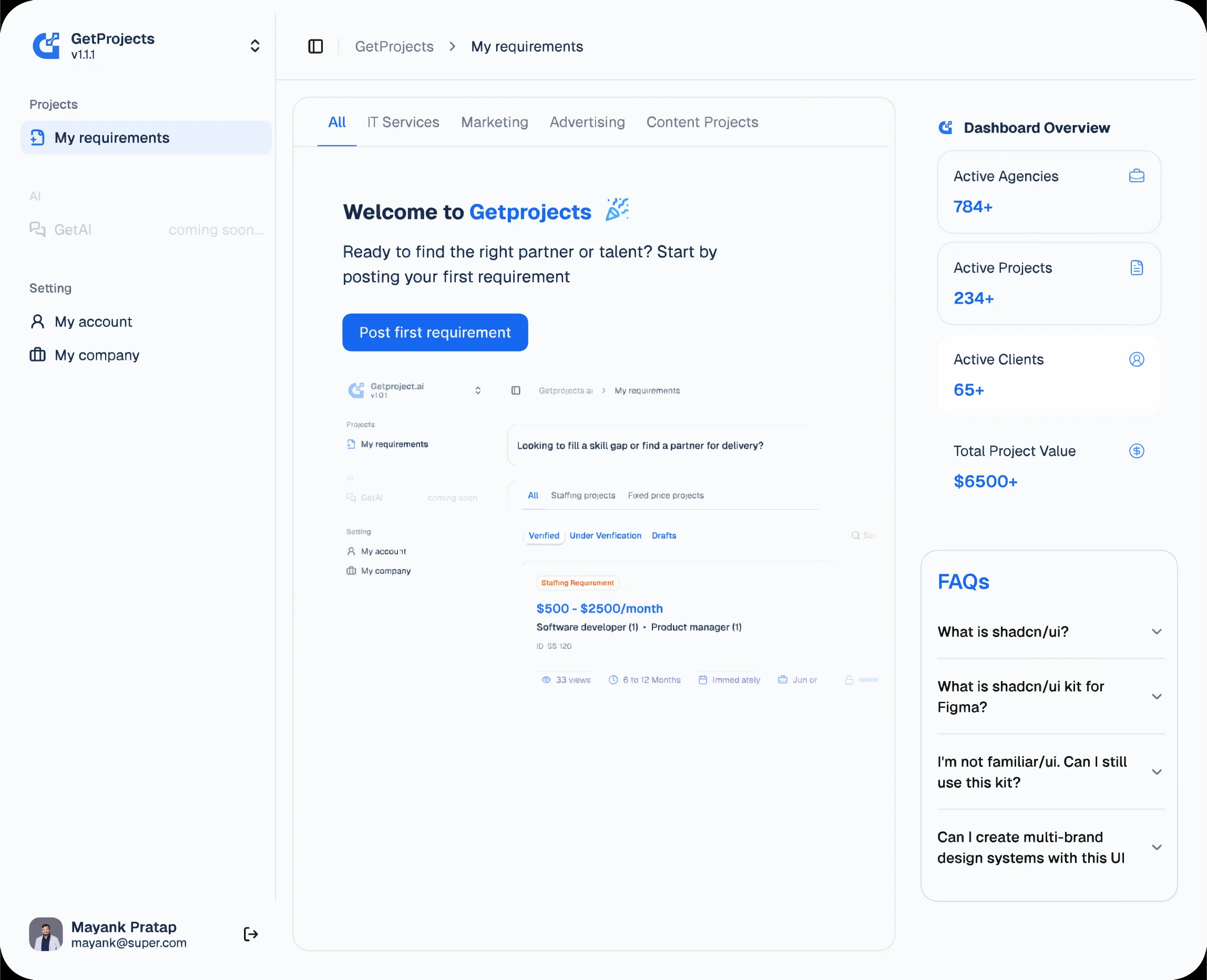 GetProjects platform dashboard preview